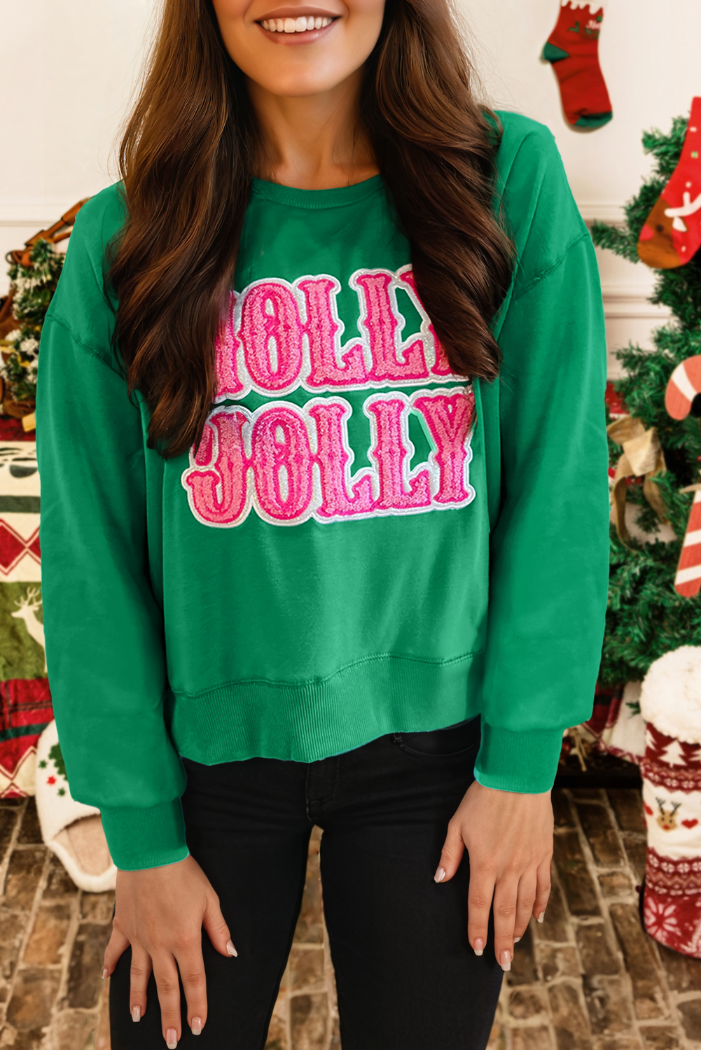 Fashion JOLLY Towel Embroidered Christmas Holiday Sweatshirt: Sea Green / M