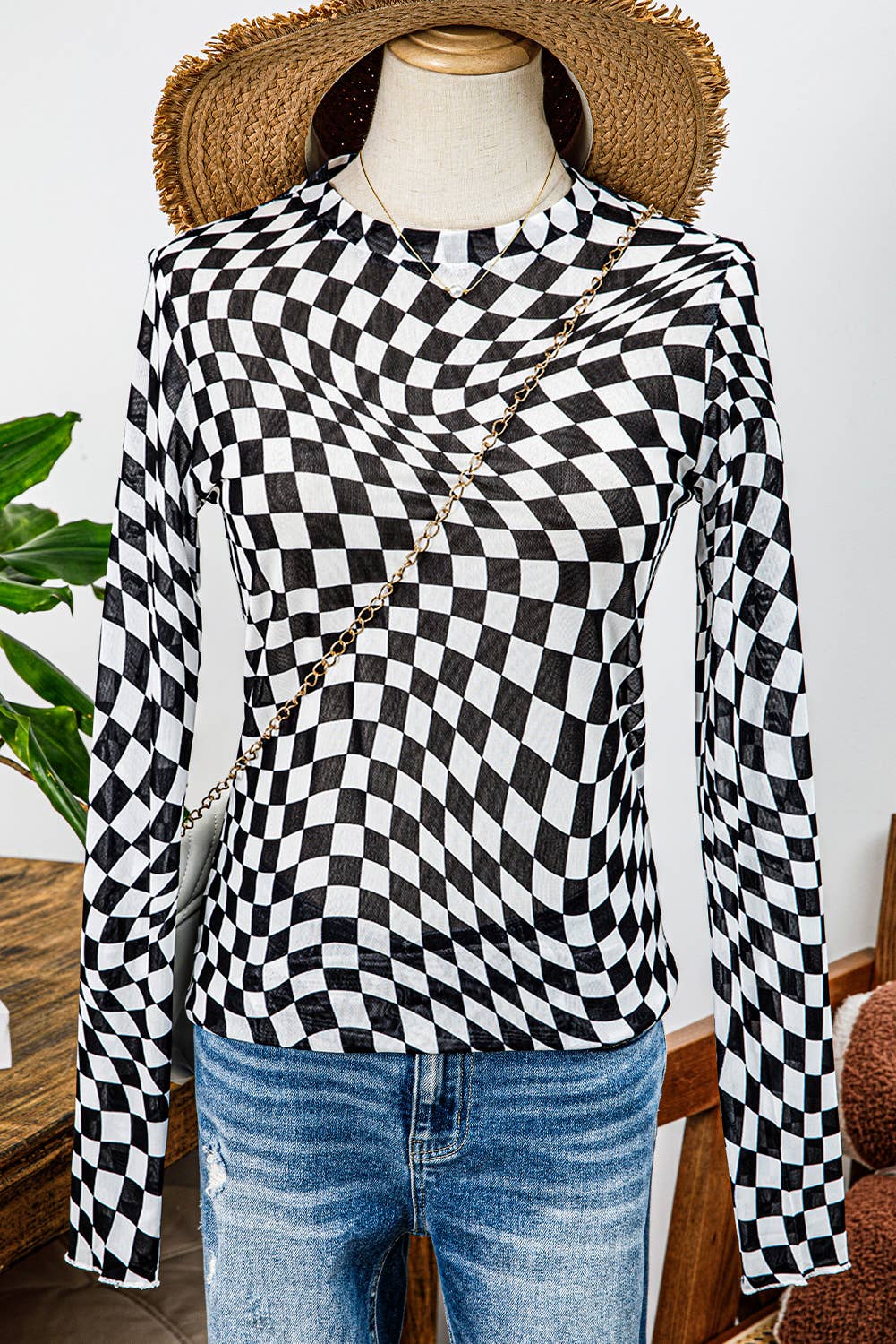 Western Checkered Pattern Mesh Mock Neck Long Sleeve Top: Black / Missy / XL