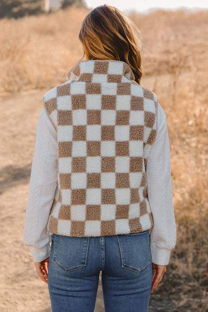 Fashion-W Checkered Sherpa Collared Jacket Vest: Black / Missy / L