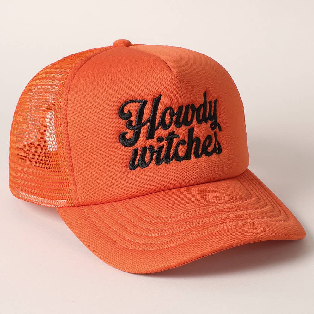 Howdy Witches Embroidered Mesh Back Trucker Hat : BLACK-ORANGE / ONE SIZE