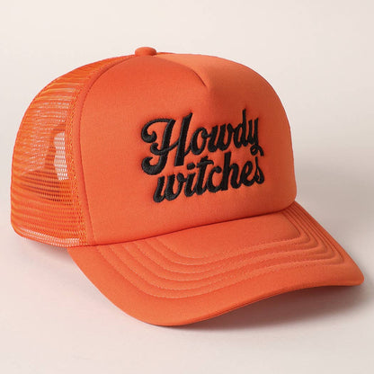 Howdy Witches Embroidered Mesh Back Trucker Hat : BLACK-ORANGE / ONE SIZE
