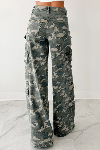 Green Camo Multi Pocket Cargo Wide Leg Jeans