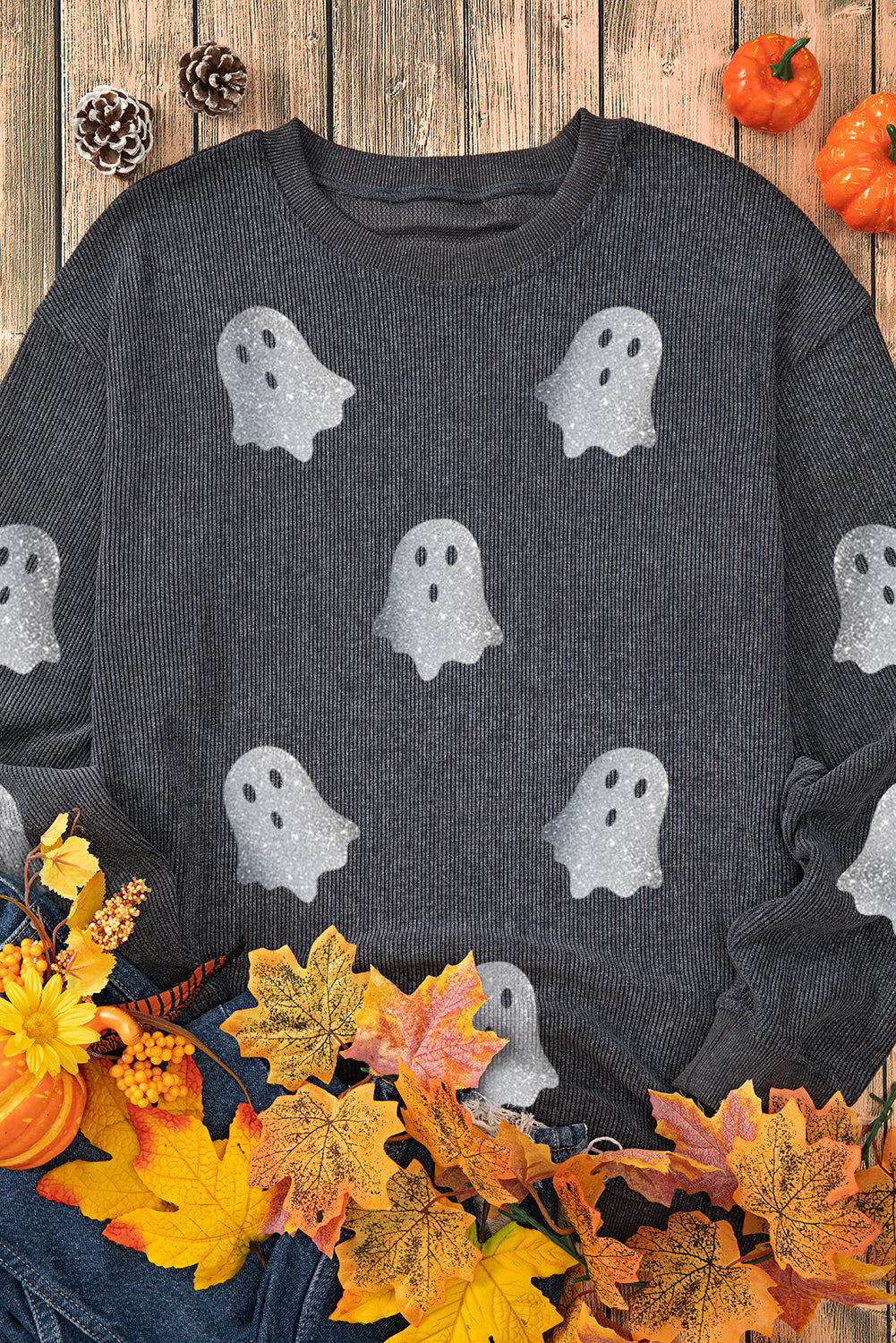 Black Halloween Ghost Transfer Vinyl Process Corded Crew Neck Loose Sweatshirt