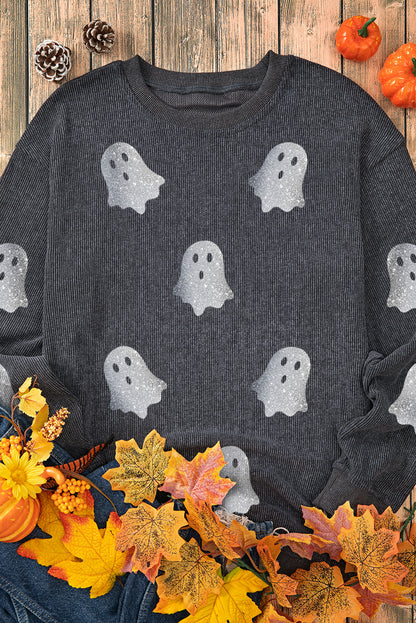 Black Halloween Ghost Transfer Vinyl Process Corded Crew Neck Loose Sweatshirt