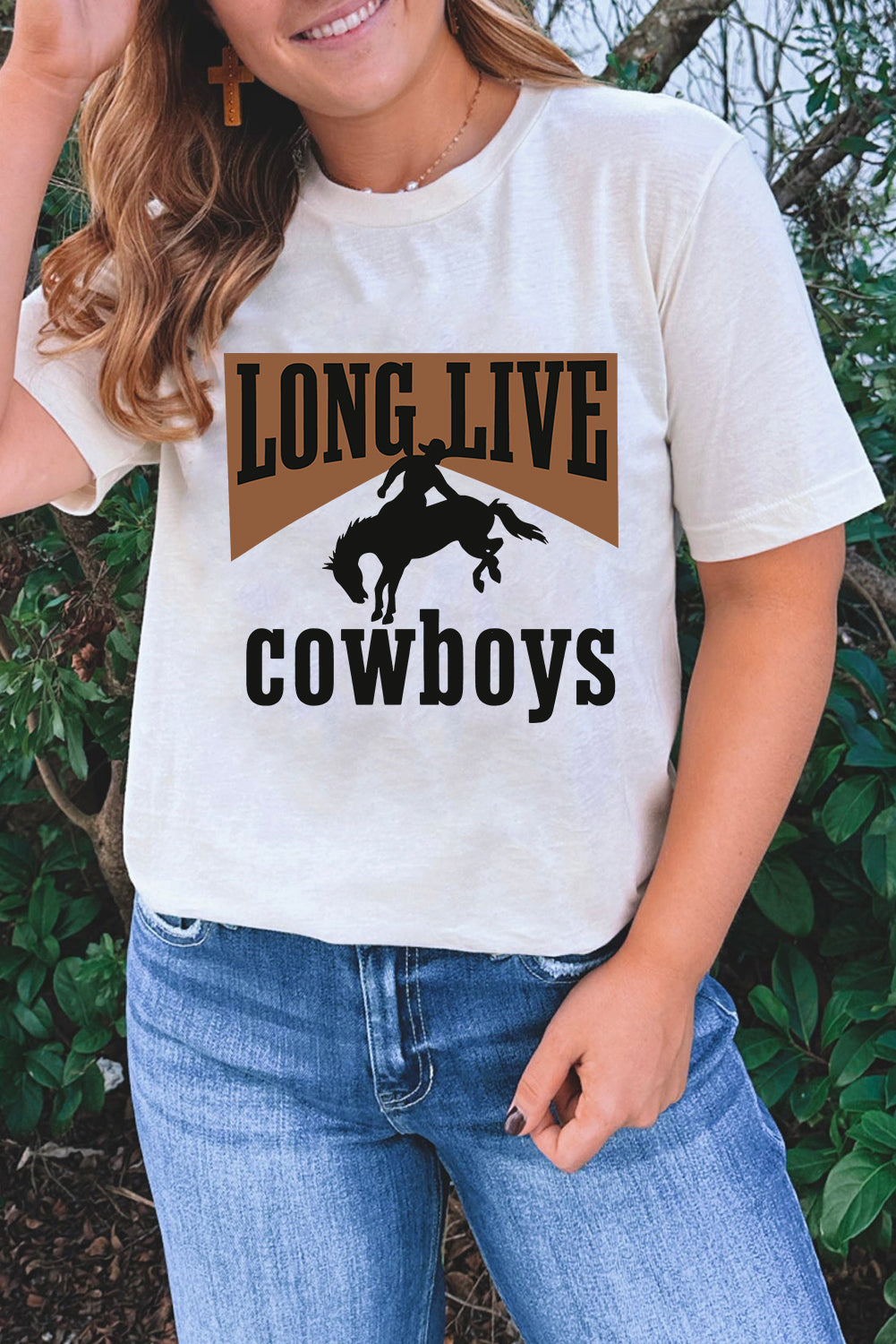 White LONG LIVE Cowboys Western Heat Transfer Printing Graphic Loose Tee