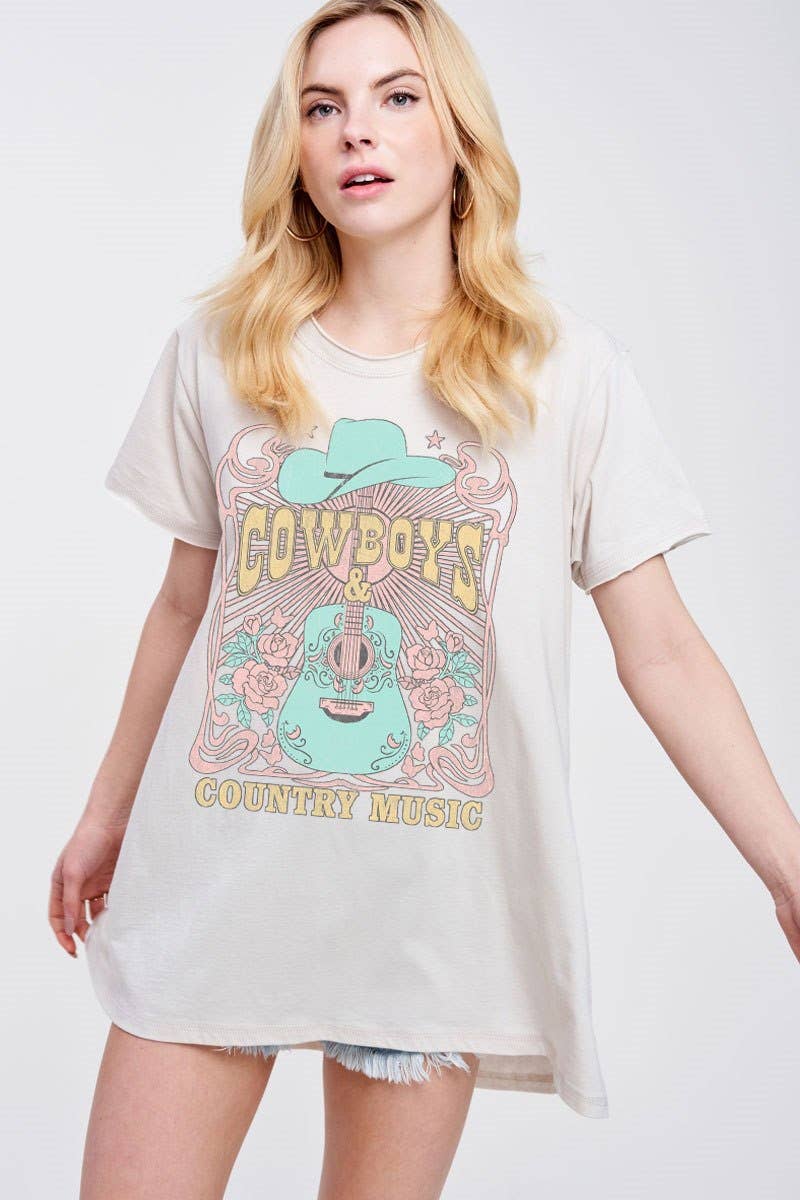 Cowboys & Country Music Graphic Cotton Tunic: TAUPE / L