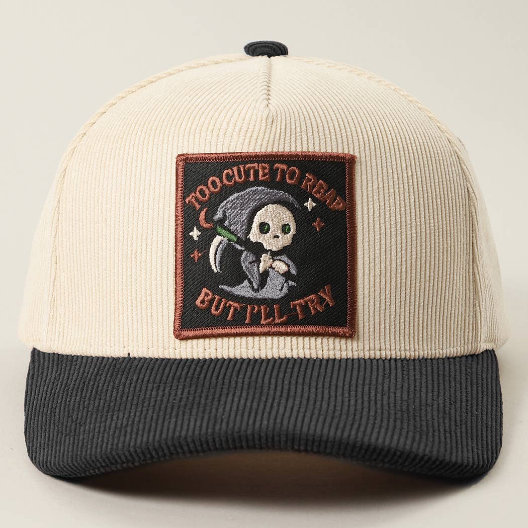 Skull Grim Reaper Patch Corduroy Trucker Cap: BEIGE / One Size