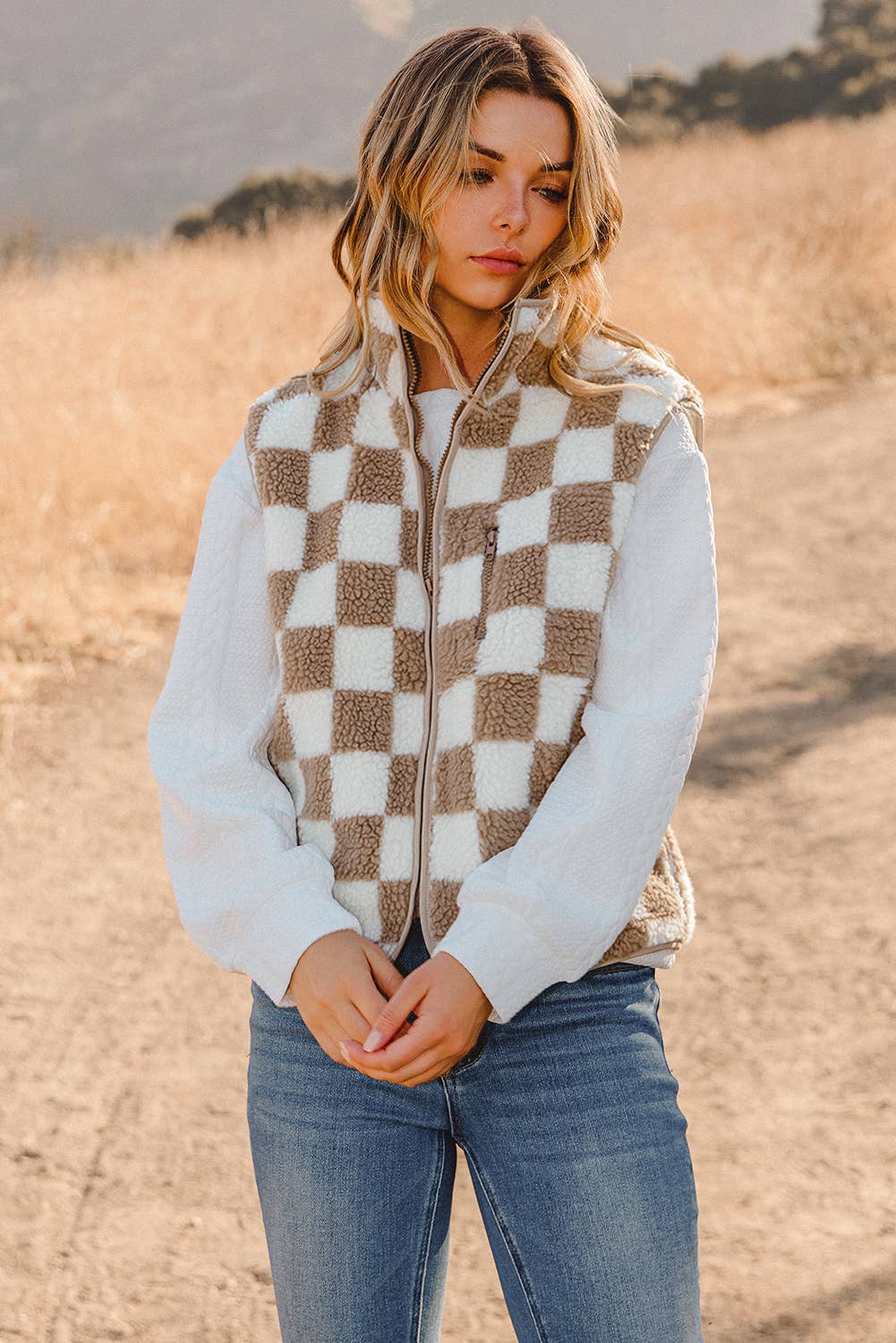 Fashion-W Checkered Sherpa Collared Jacket Vest: Black / Missy / L