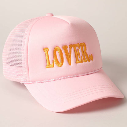 Lover Text Embroidery Foam Mesh Back Trucker Hat: Beige / ONE SIZE