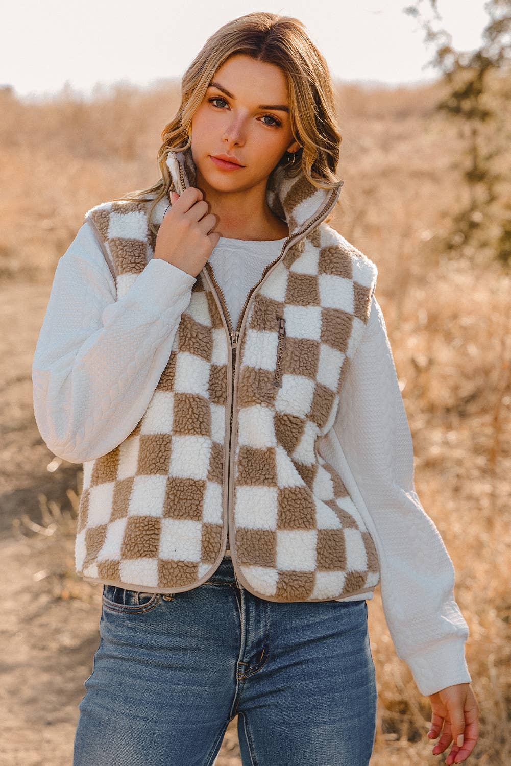 Fashion-W Checkered Sherpa Collared Jacket Vest: Black / Missy / L