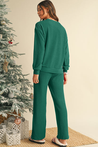 Evergreen Crinkle Rib JOLLY Pattern Long Sleeve Top and Pockets Pants Set