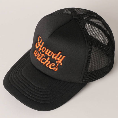 Howdy Witches Embroidered Mesh Back Trucker Hat : BLACK-ORANGE / ONE SIZE