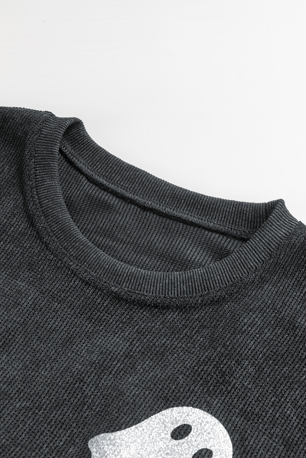 Black Halloween Ghost Transfer Vinyl Process Corded Crew Neck Loose Sweatshirt