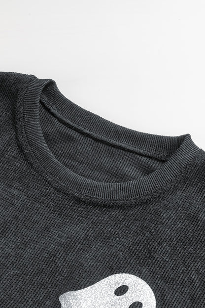 Black Halloween Ghost Transfer Vinyl Process Corded Crew Neck Loose Sweatshirt