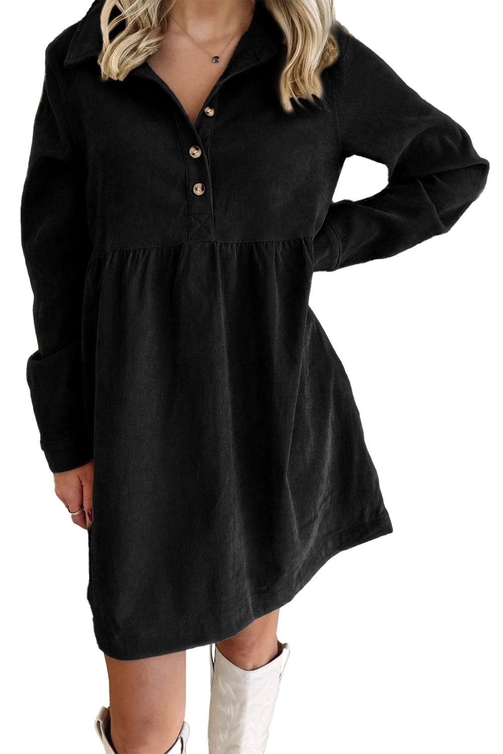 Oatmeal Corduroy Half Button Collared Long Sleeve Mini Dress