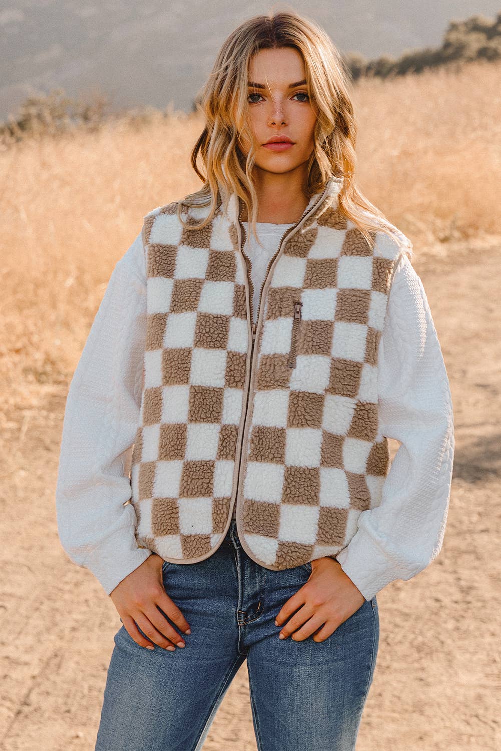 Fashion-W Checkered Sherpa Collared Jacket Vest: Black / Missy / L