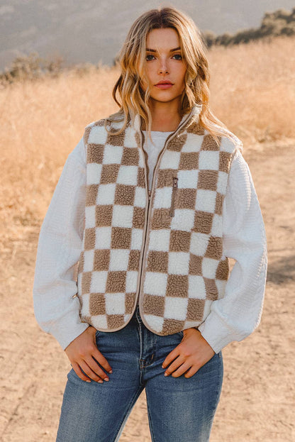 Fashion-W Checkered Sherpa Collared Jacket Vest: As shown / Missy / XL