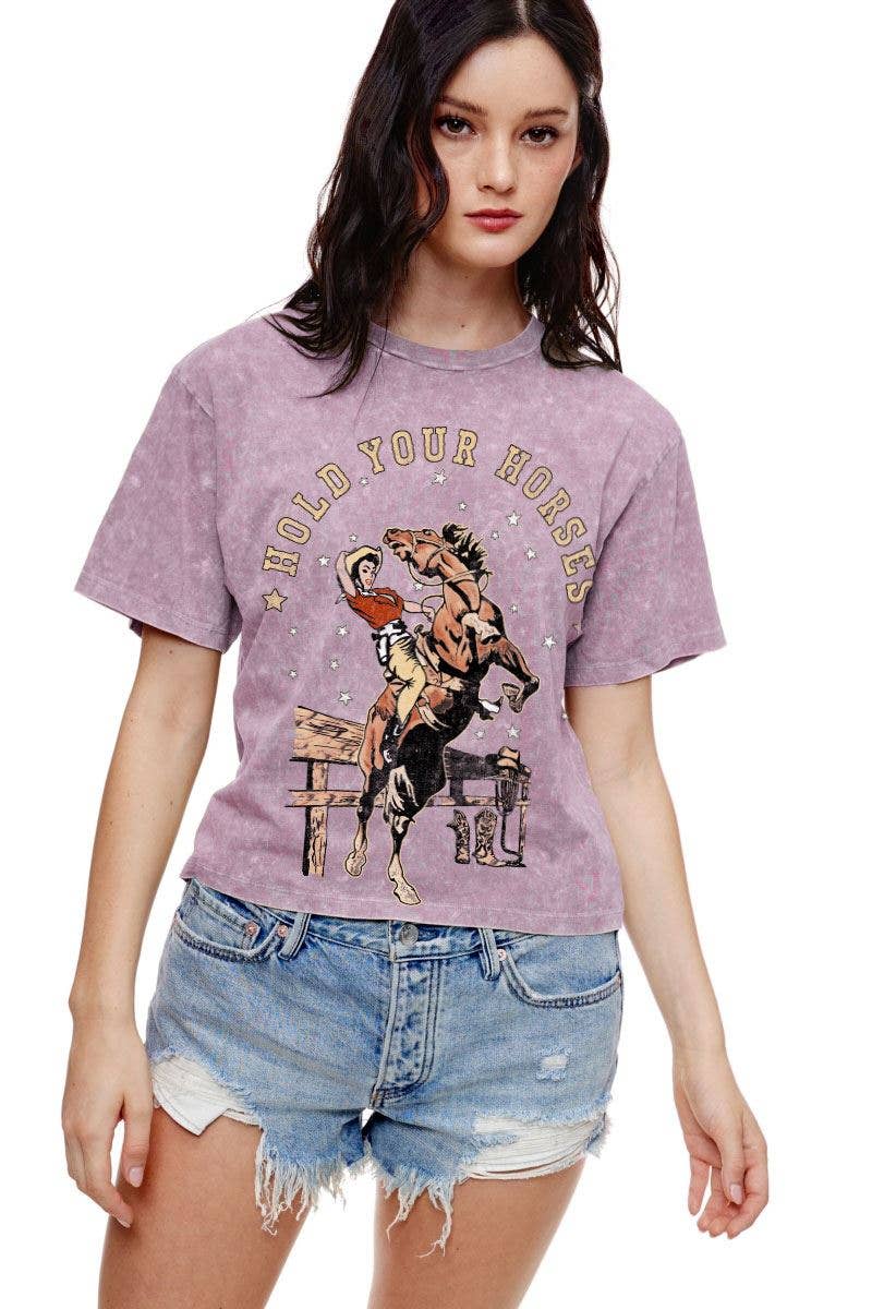 Hold Your Horses Graphic S/S Vintage Washed Faux Crop Tee: LAVENDER / M