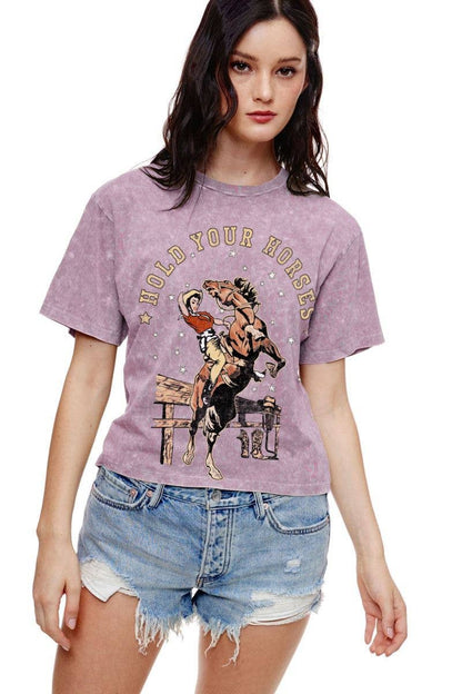 Hold Your Horses Graphic S/S Vintage Washed Faux Crop Tee: LAVENDER / S