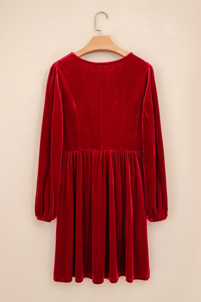 Evergreen Bowknot Decor High Waist Velvet Mini Dress