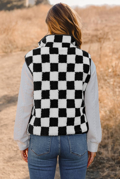 Fashion-W Checkered Sherpa Collared Jacket Vest: As shown / Missy / XL