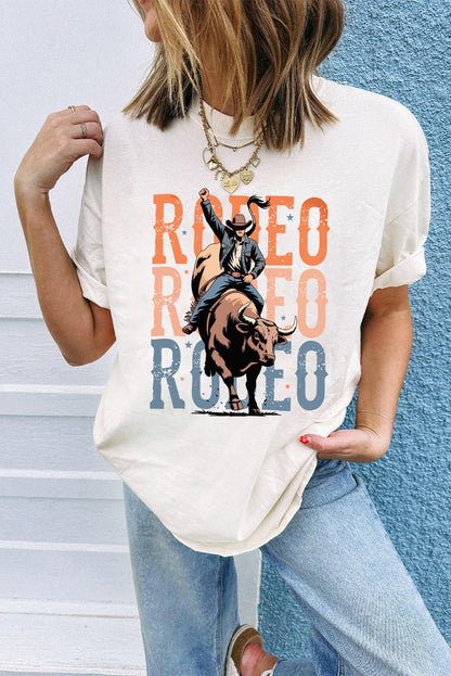 White RODEO Heat Transfer Printing Graphic T Shirt