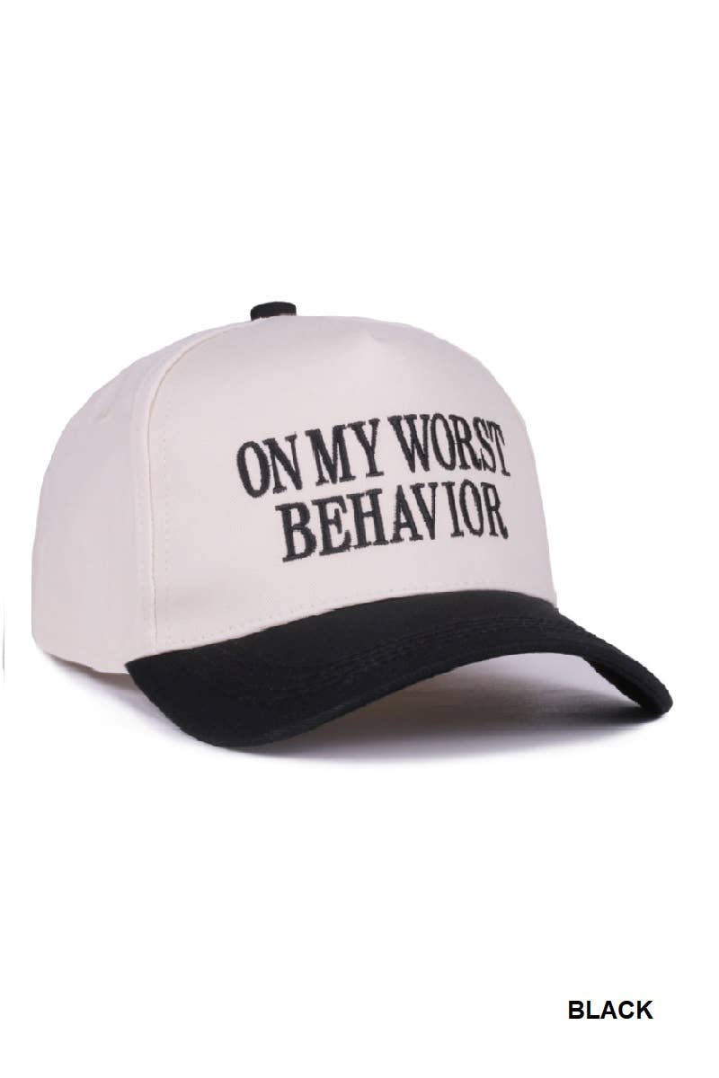 ,,,...._ 0919 On My Worst Behavior Two Tone Canvas Cotton Cap SI-28817: BLACK-189427 / OS
