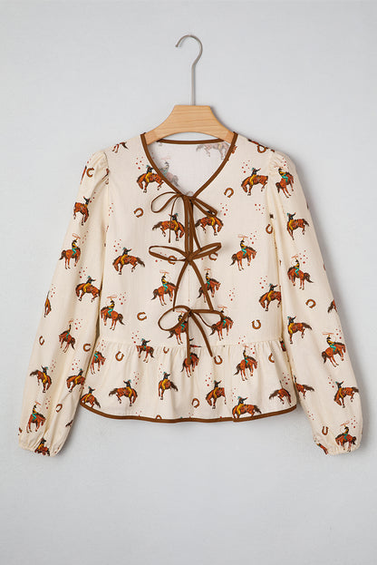 Apricot Rodeo Print Tied Front Puff Sleeve Peplum Top