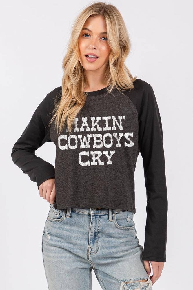 Makin' Cowboys Cry L/S Raglan Graphic Tee: CHARCOAL/BONE / S