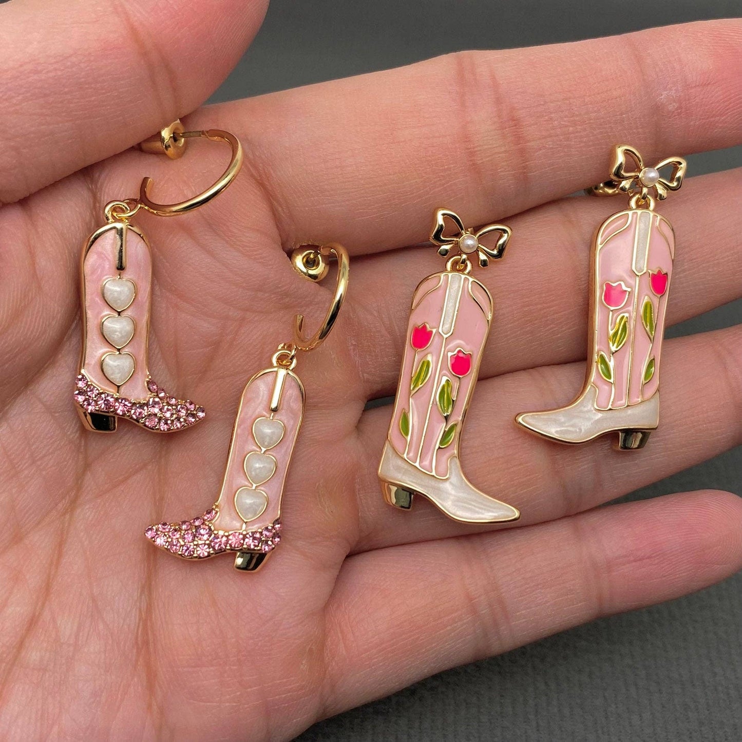 Western Style Enamel Boots Charm Post Earrings - WJ: Flowers