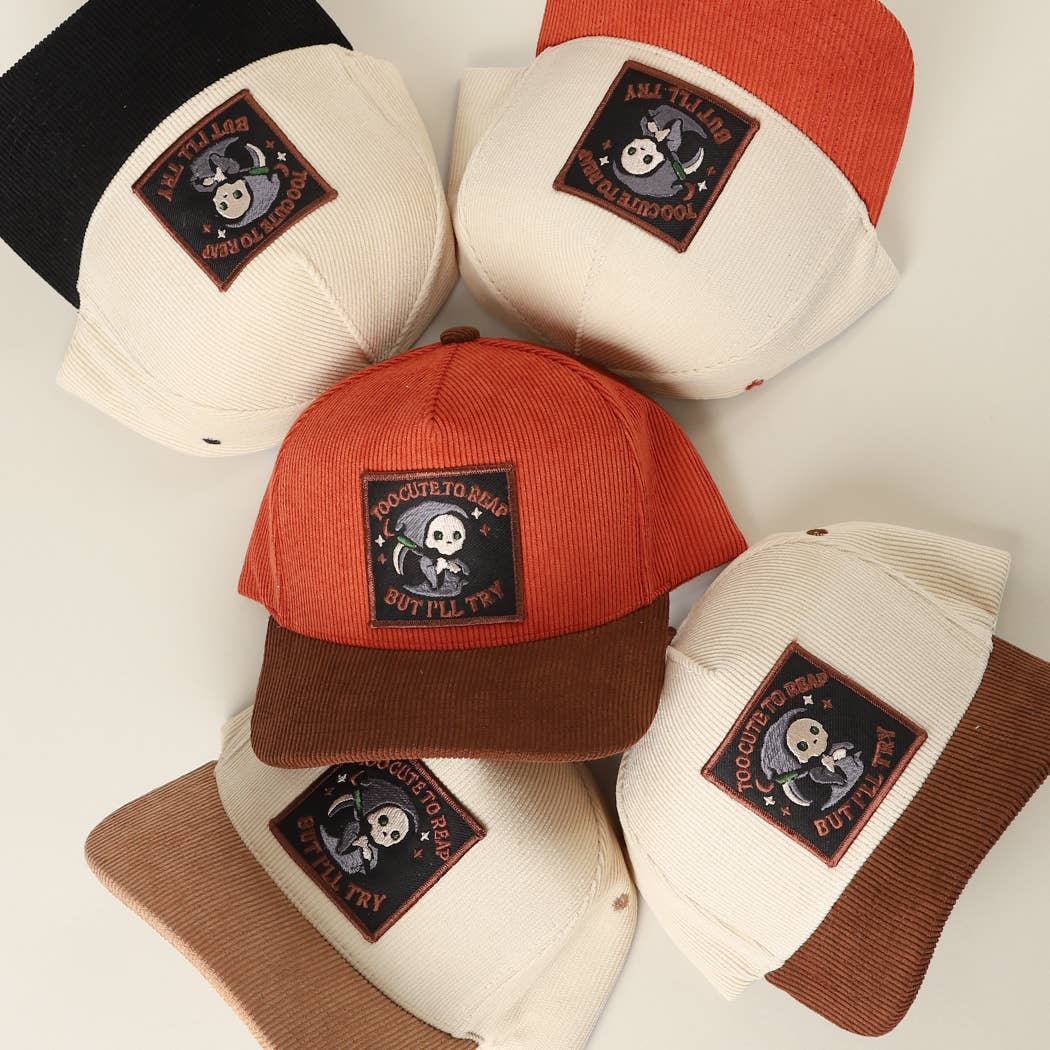 Skull Grim Reaper Patch Corduroy Trucker Cap: BEIGE / One Size
