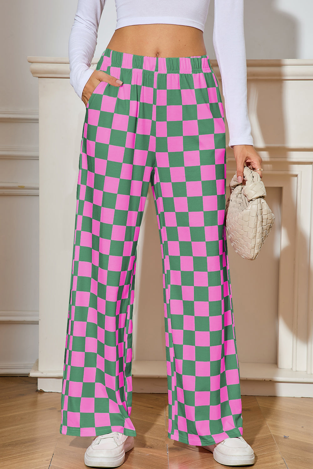 Green Checkered Print High Waist Wide Leg Pants