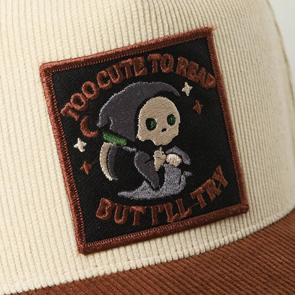Skull Grim Reaper Patch Corduroy Trucker Cap: BEIGE / One Size