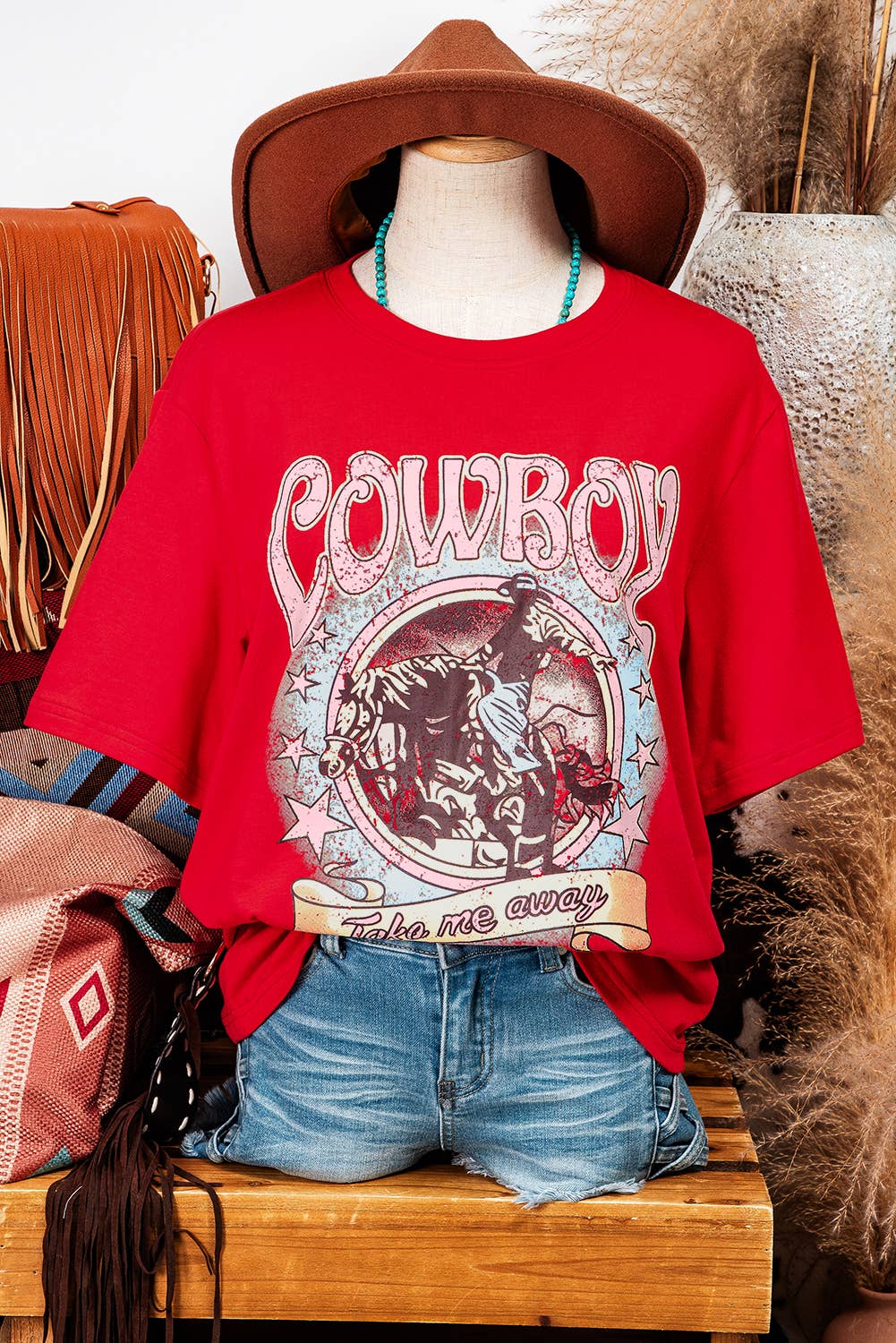 Fashion-W COWBOY Take Me Away Graphic Western Loose Tee: As shown / Missy / XL