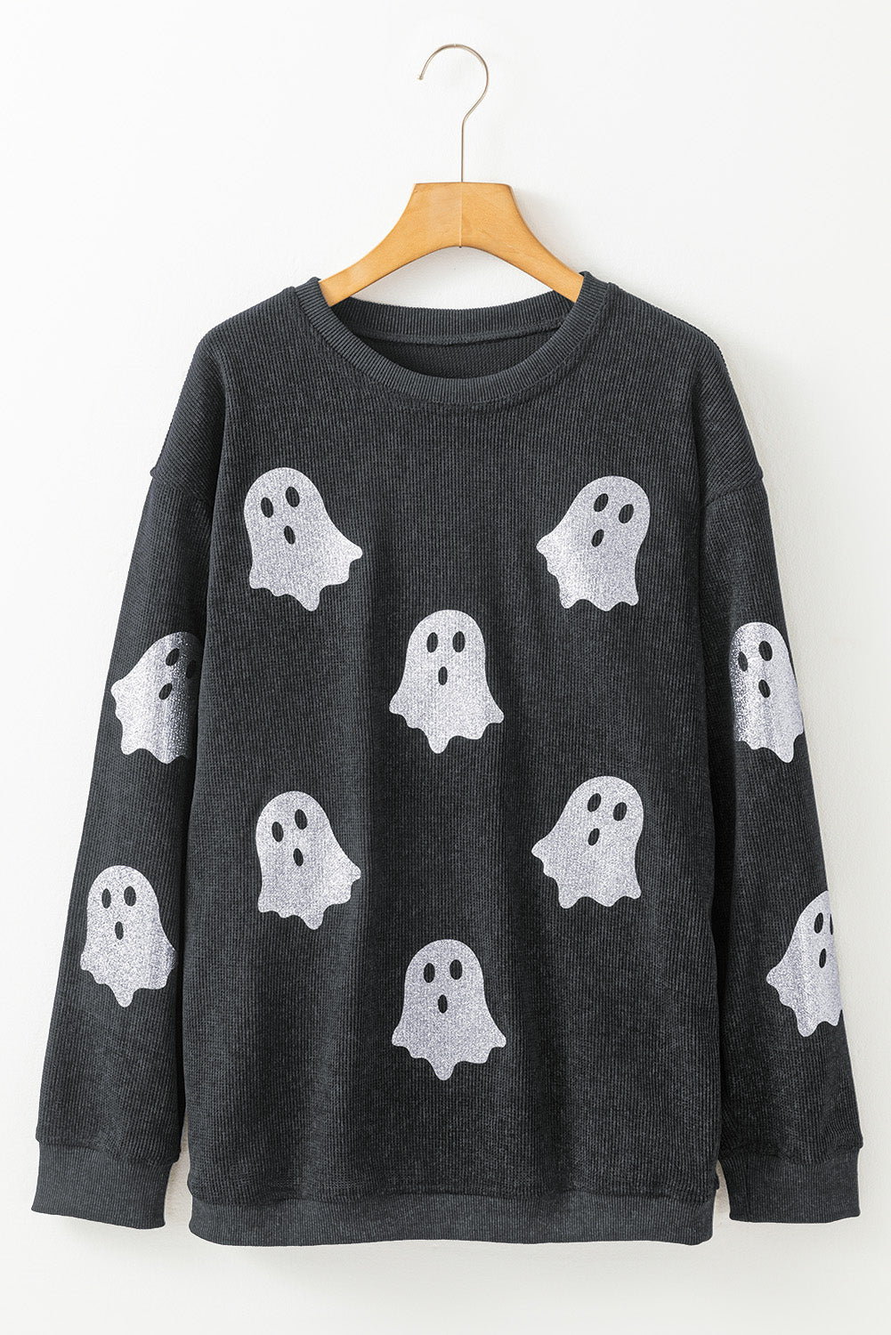 Black Halloween Ghost Transfer Vinyl Process Corded Crew Neck Loose Sweatshirt