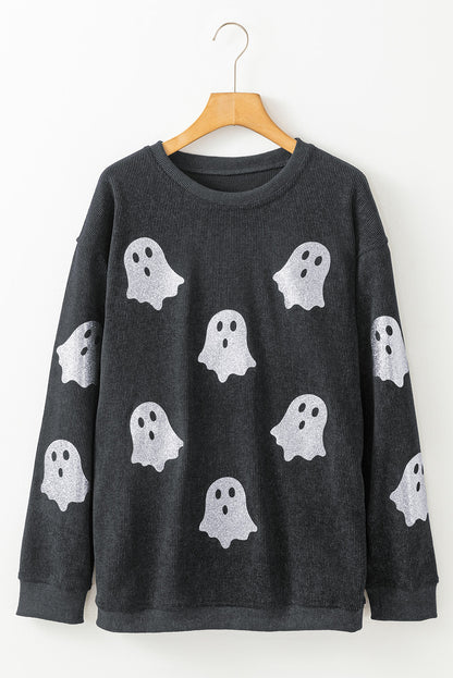Black Halloween Ghost Transfer Vinyl Process Corded Crew Neck Loose Sweatshirt