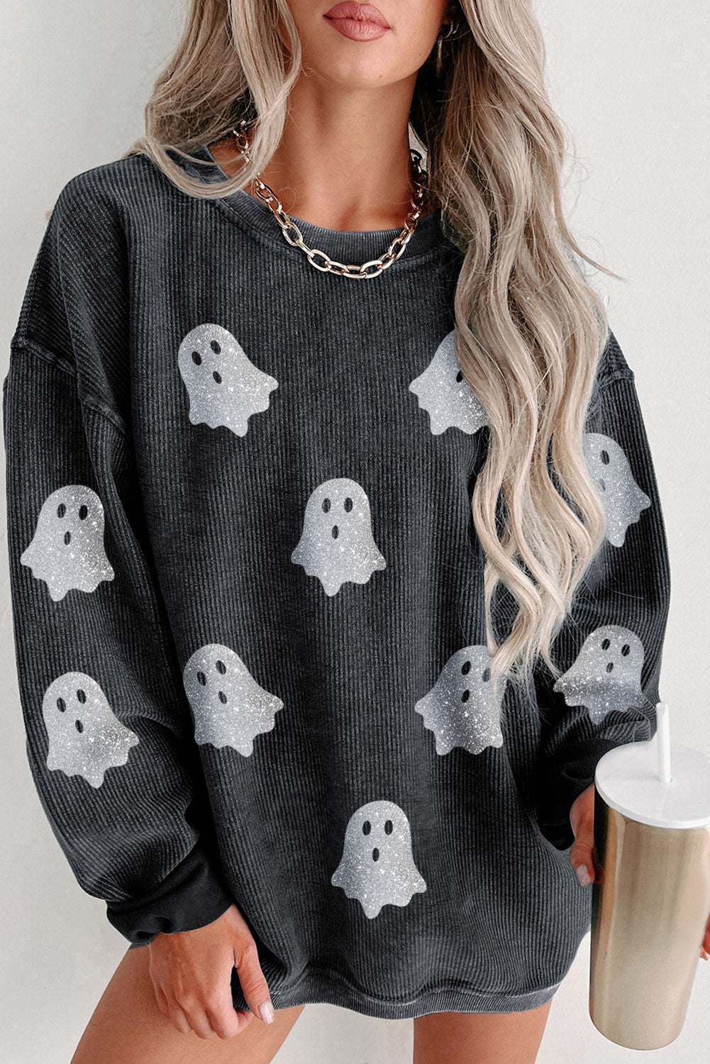 Black Halloween Ghost Transfer Vinyl Process Corded Crew Neck Loose Sweatshirt