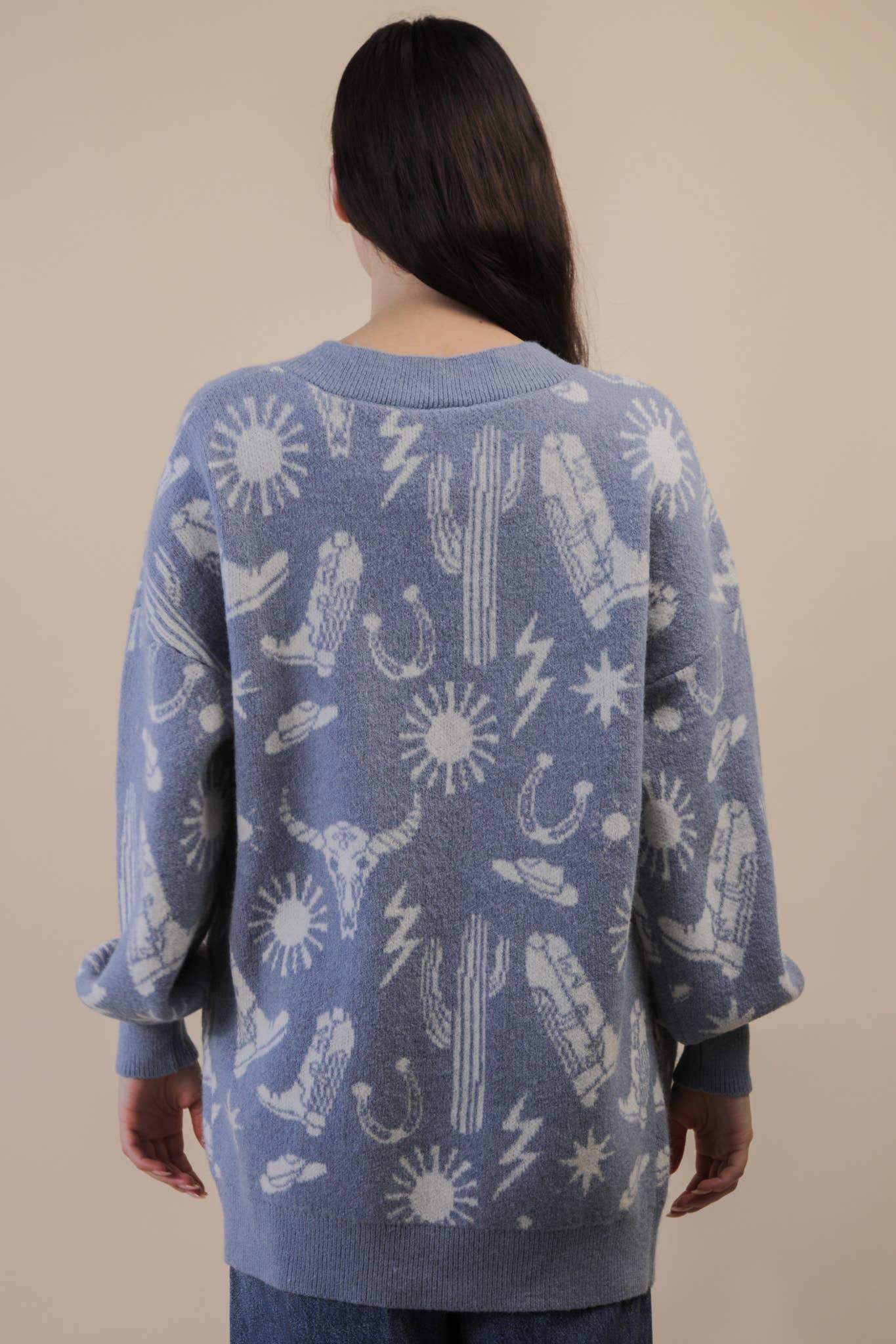 Oversized Western Graphic Knit Sweater Cardigan