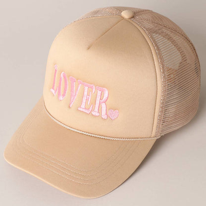 Lover Text Embroidery Foam Mesh Back Trucker Hat: Beige / ONE SIZE