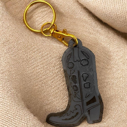Floral Rose Cowboy Boot Western Keychain Jewelry : Frosty White / Gold