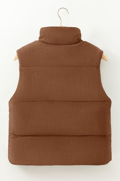 Coffee Solid Color Corduroy Puffer Vest Coat