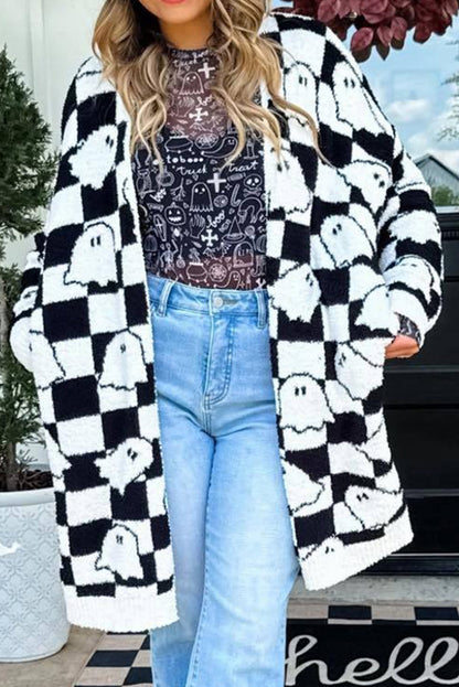 Black Halloween Ghost Pattern Mid length Knitted Cardigan
