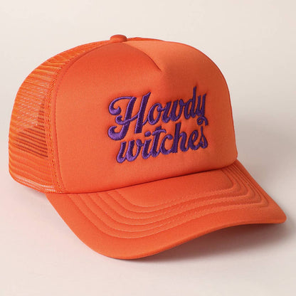 Howdy Witches Embroidered Mesh Back Trucker Hat : BLACK-ORANGE / ONE SIZE