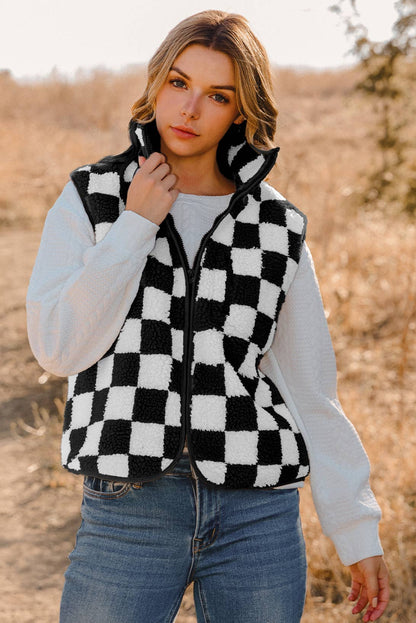 Fashion-W Checkered Sherpa Collared Jacket Vest: As shown / Missy / XL