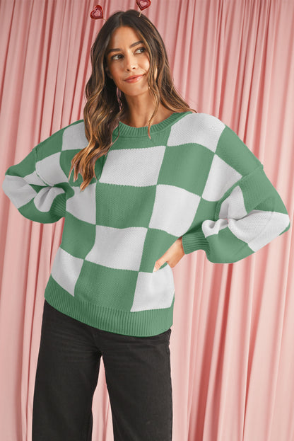 Green Checkered Bishop Sleeve Pullover Sweater