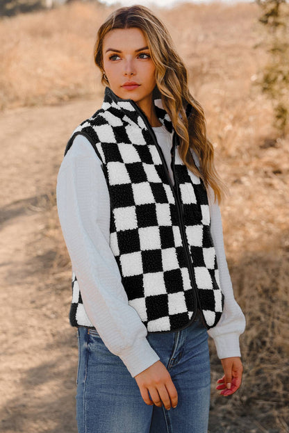 Fashion-W Checkered Sherpa Collared Jacket Vest: As shown / Missy / XL