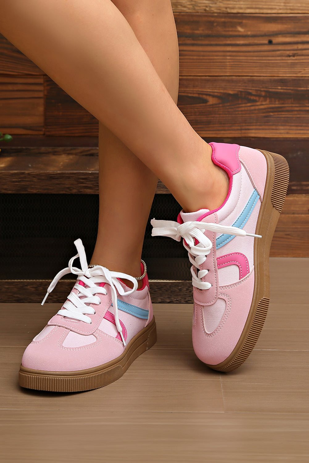 Rose Red Color Block Lace Up Sneakers
