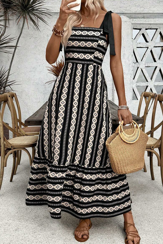 Black Geometric Striped Knot Strap Maxi Dress
