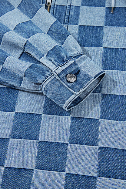 Sky Blue Checkerboard Zipped Collar Kangaroo Pocket Denim Hoodie