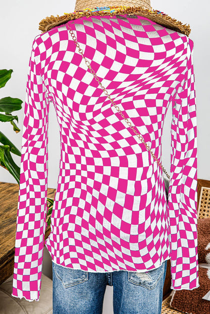 Western Checkered Pattern Mesh Mock Neck Long Sleeve Top: Khaki / Missy / XL